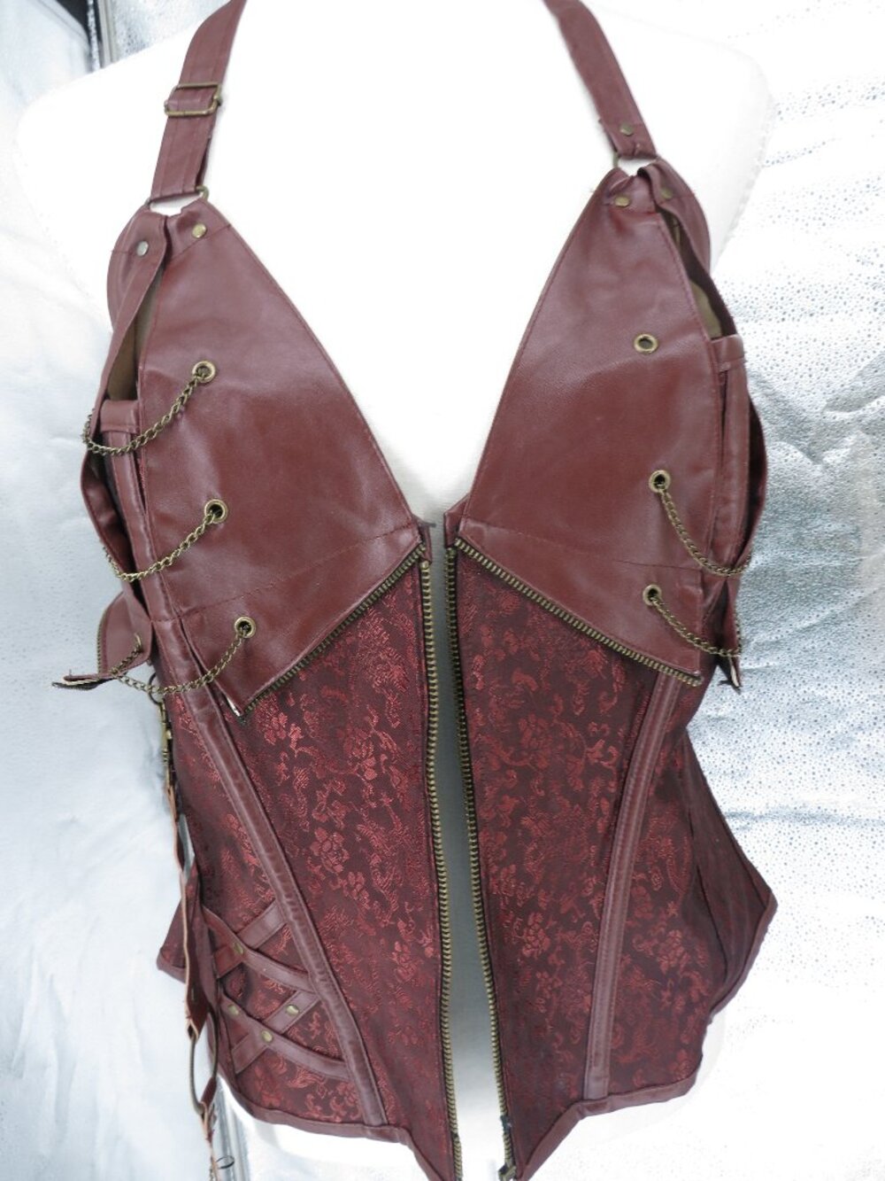 Steampunk Corset Vest Burgundy 3XL Gothic Renaissance Brocade Faux Leather Brown